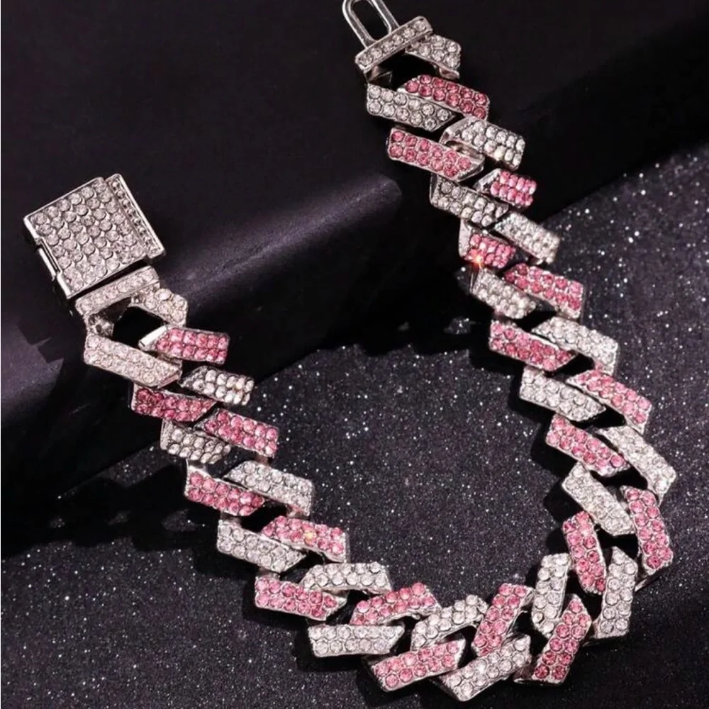 Pink and Silver Pave Cuban Link Bracelet - Women's Jewelry